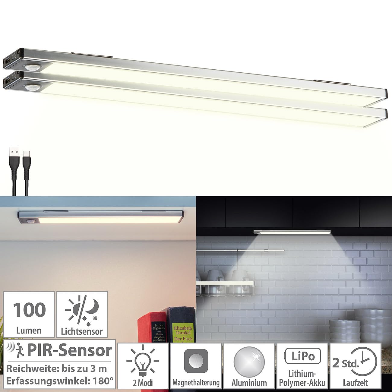 Lunartec Innenbeleuchtung Akku-Lichtleisten 2er-Set 33cm warmweiß