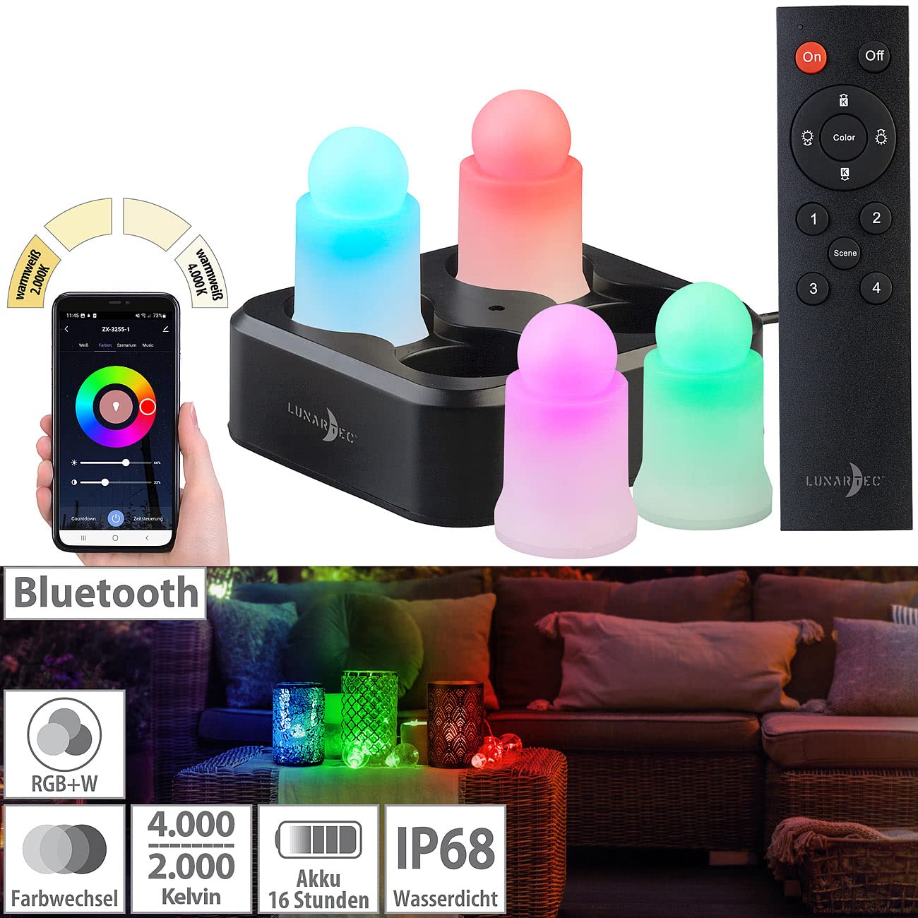 Lunartec Licht-Dekoration LEDK-4 LED-Kerzen 4er-Set RGBWW App