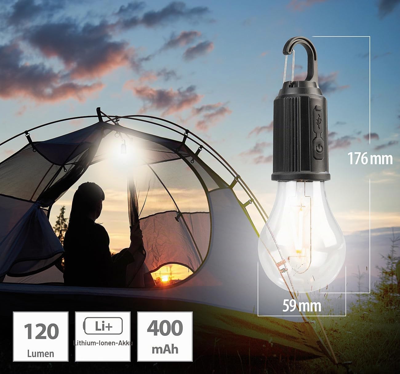 Lunartec Leuchtmittel LED Akku Glühbirne 120 lm 2er Set