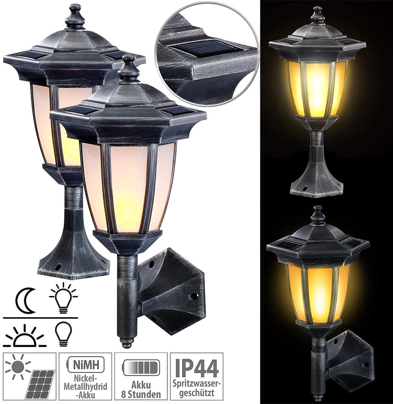 Lunartec Außenbeleuchtung Solar-Wandlaterne 2er-Set Flammeneffekt
