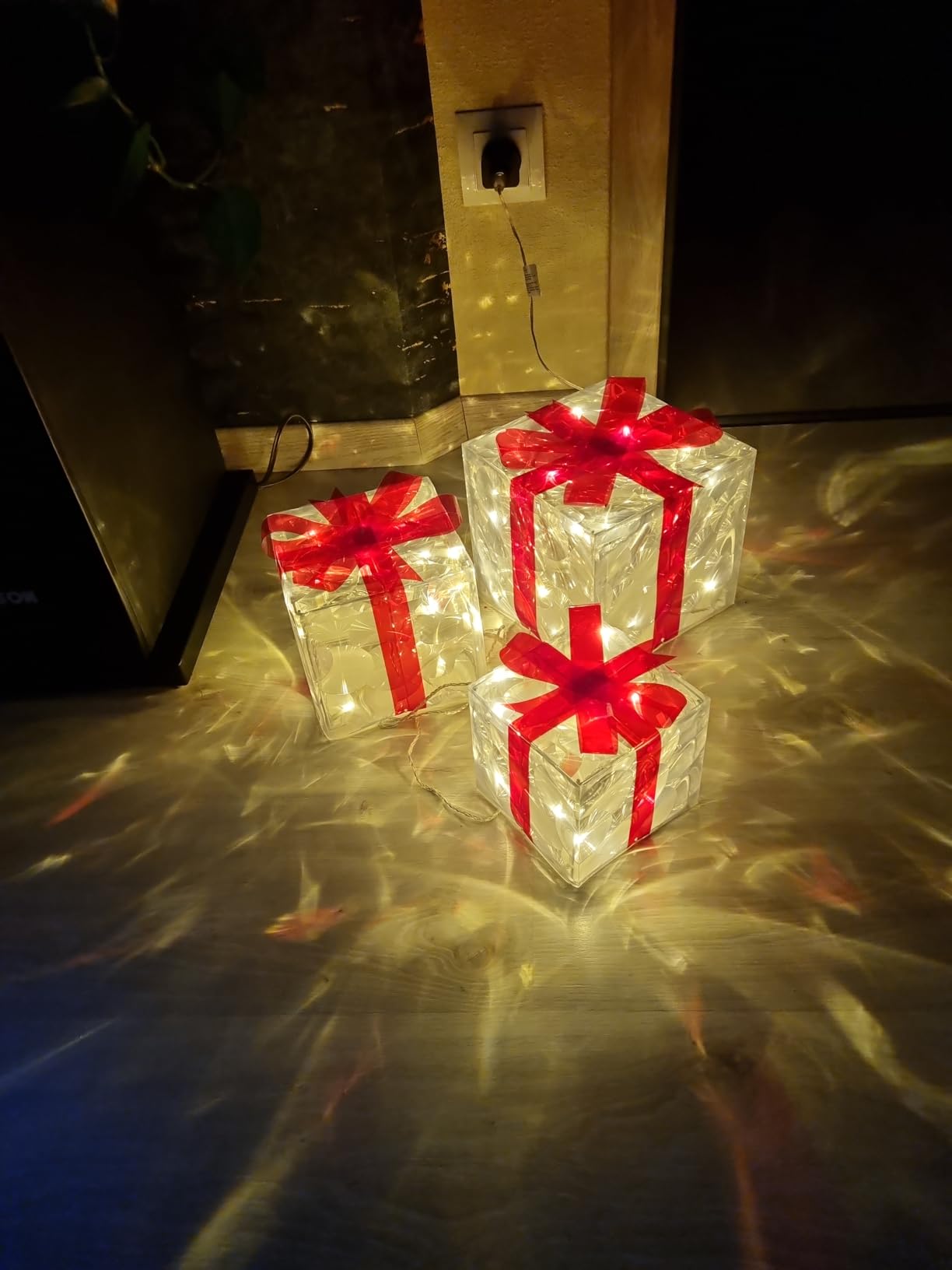 elktry LED Geschenkbox 3er Set silber mit Timer 140 LEDs