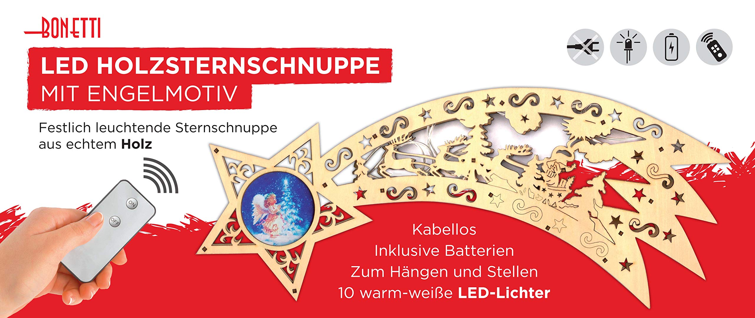 Bonetti Glowing Stars Sternschnuppe Engel Holz warmweiß 43 cm