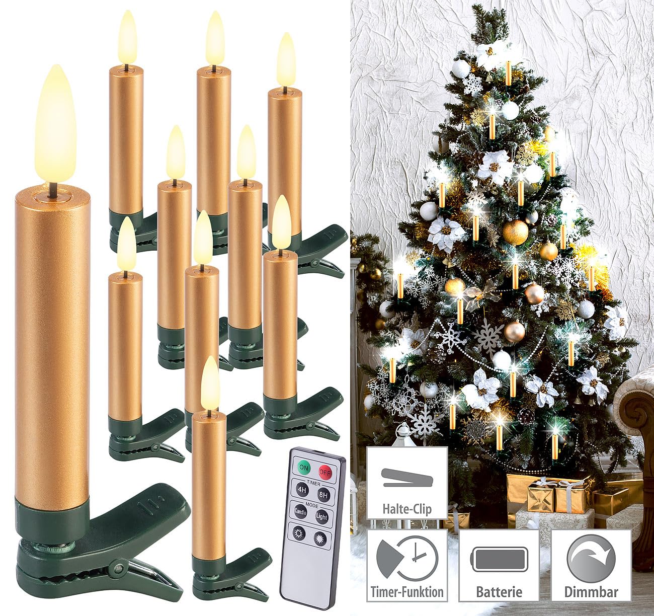 Lunartec Licht-Dekoration LED-Weihnachtskerzen 10er-Set Gold Timer