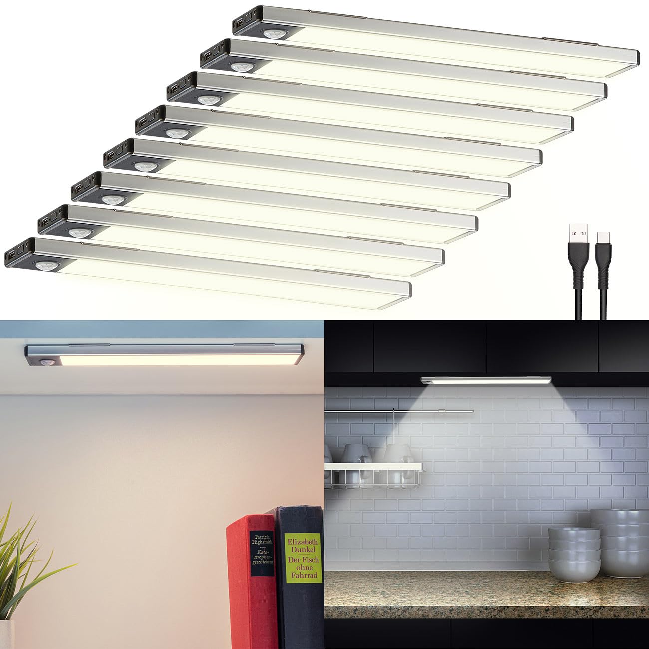 Lunartec Innenbeleuchtung 8er LED-Lichtleiste warmweiß Akku Sensor