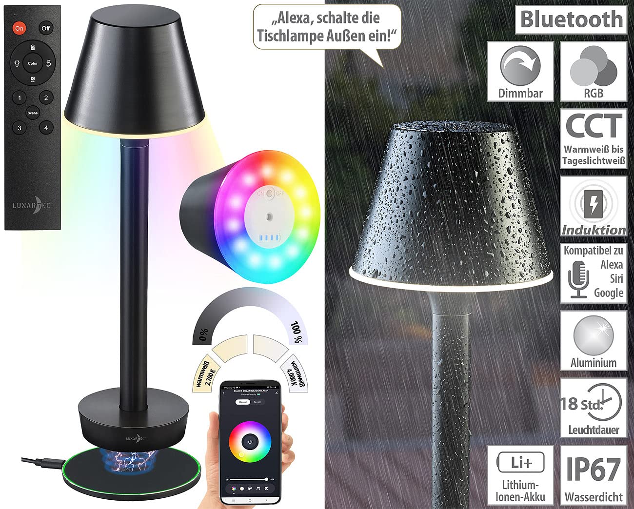 Lunartec OT-130 Outdoor-Tischlampe RGB Akku mit App IP67
