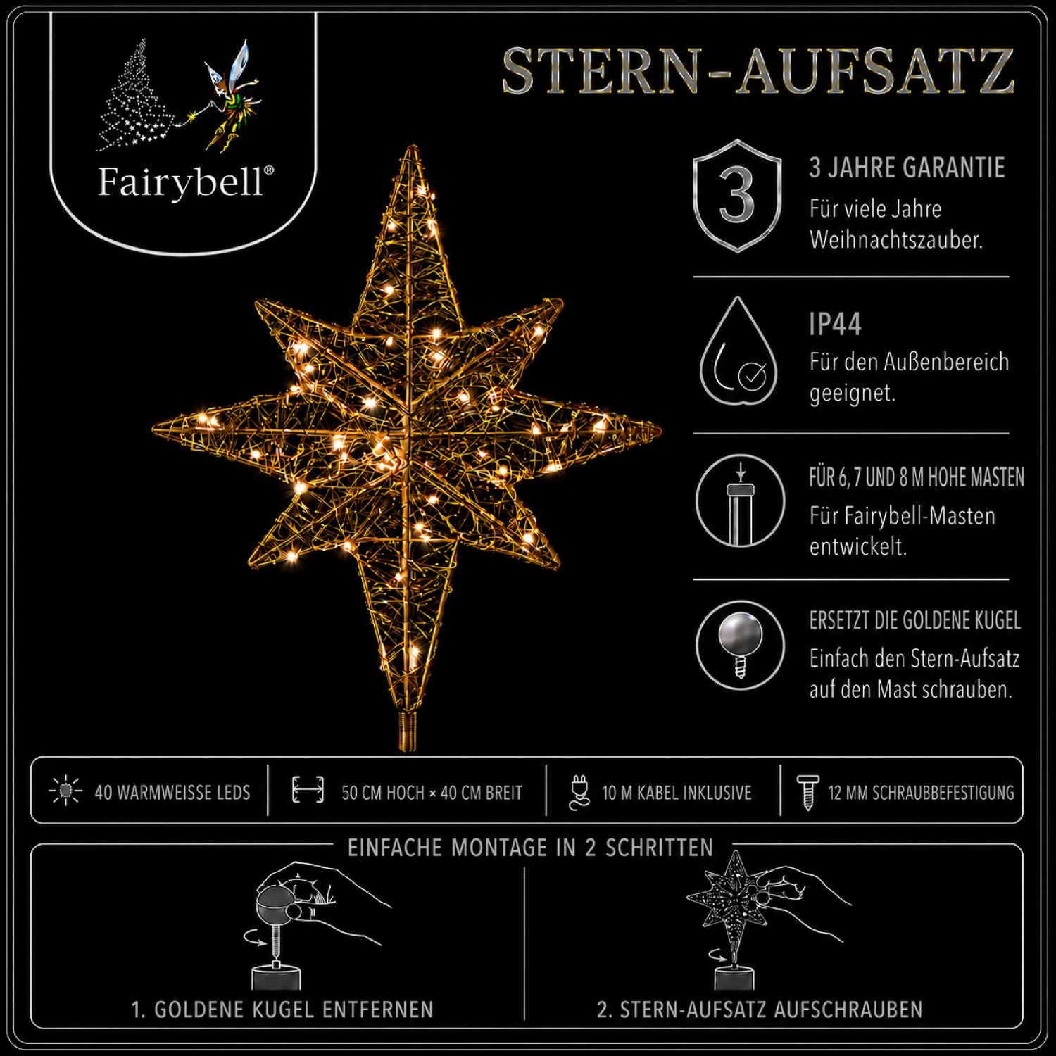 Fairybell Accessories Spitze Stern Gold 40cm Warmweiß
