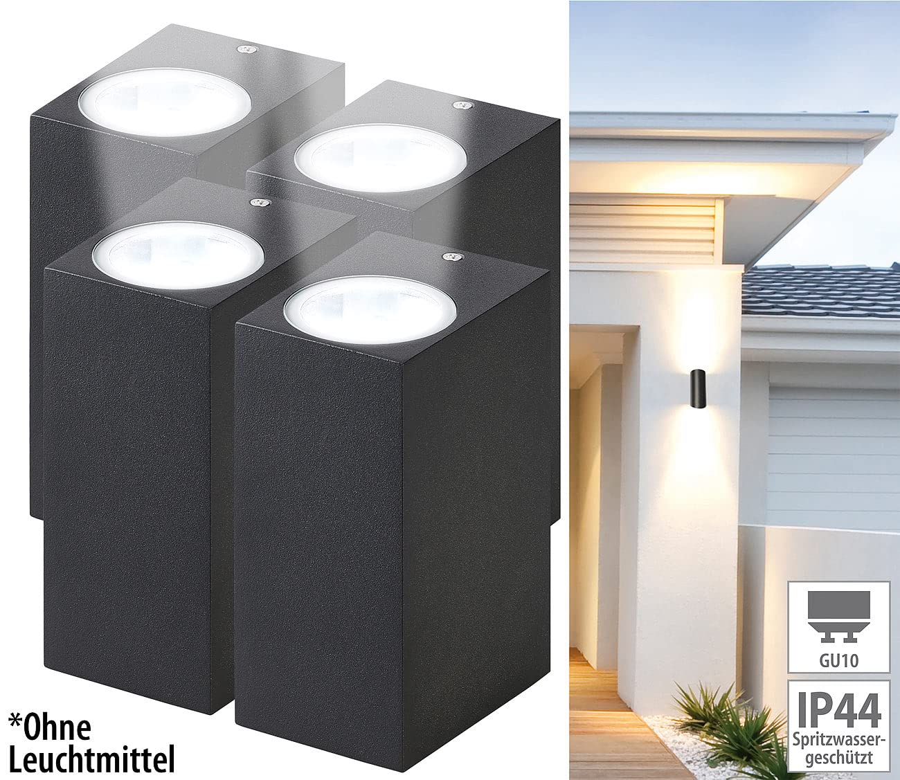 Lunartec Leuchtmittel eckige Up Down Wandleuchte schwarz 4er-Set IP44