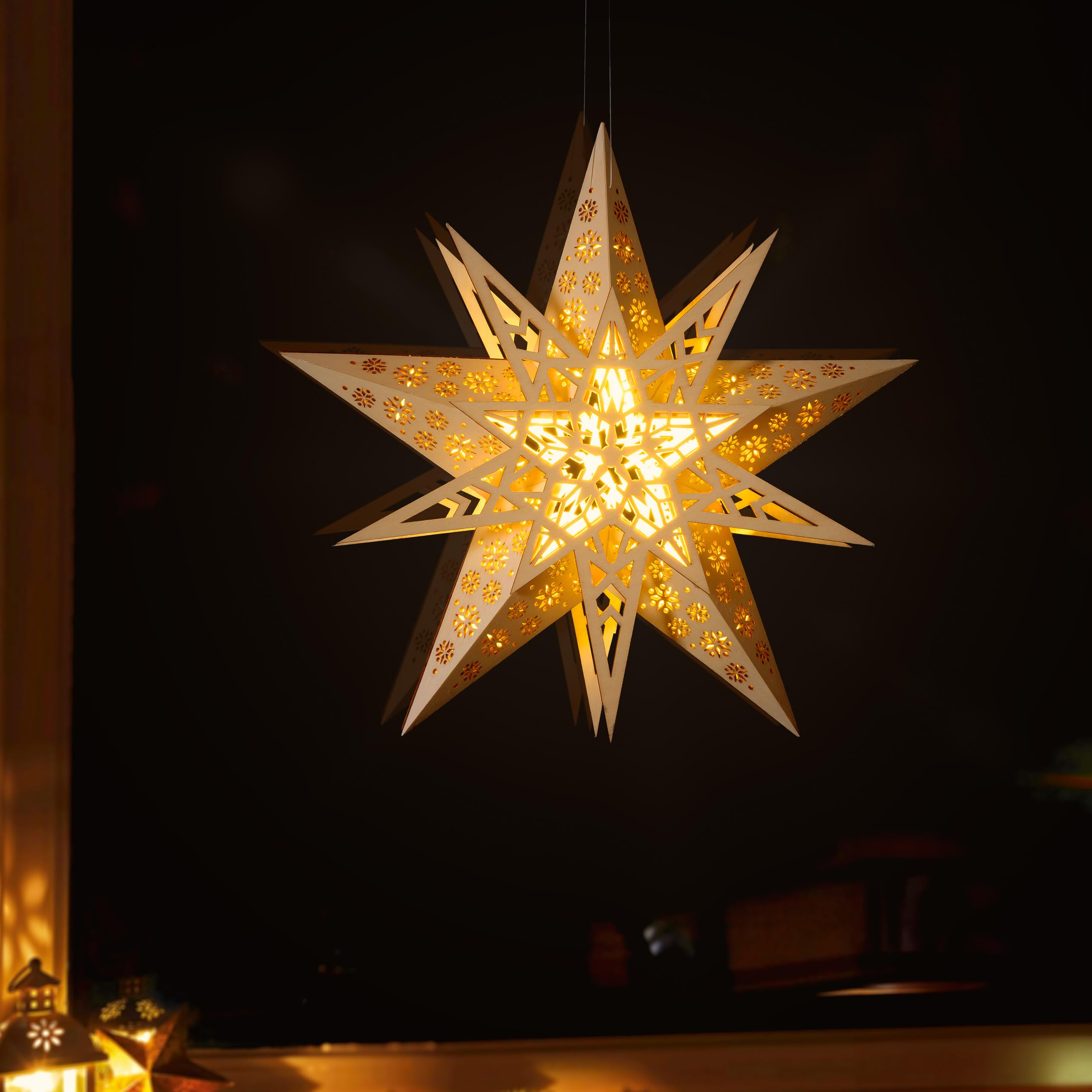 Bonetti Weihnachtsstern Holz 30 cm LED Stern Warmlicht Batterie