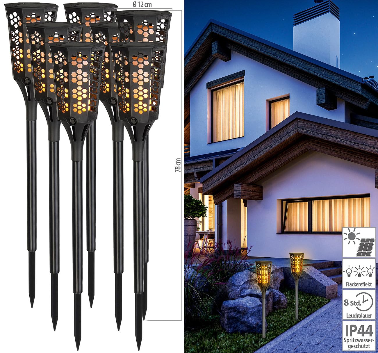 Lunartec Außenbeleuchtung Solar-Gartenfackeln 8er-Set 78 cm
