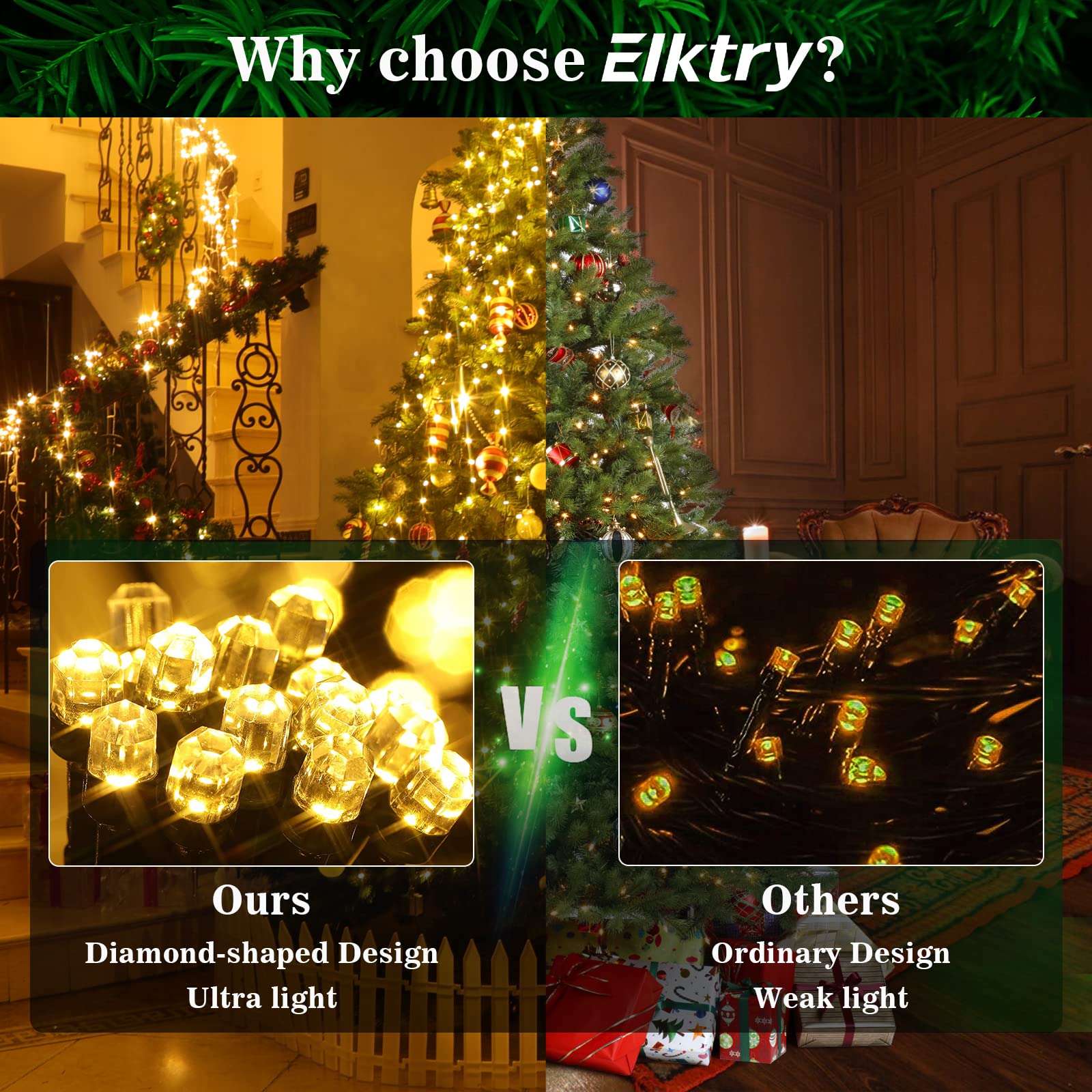 elktry Weihnachtsbaum Lichterkette Ring 400 LED warmweiß 2M