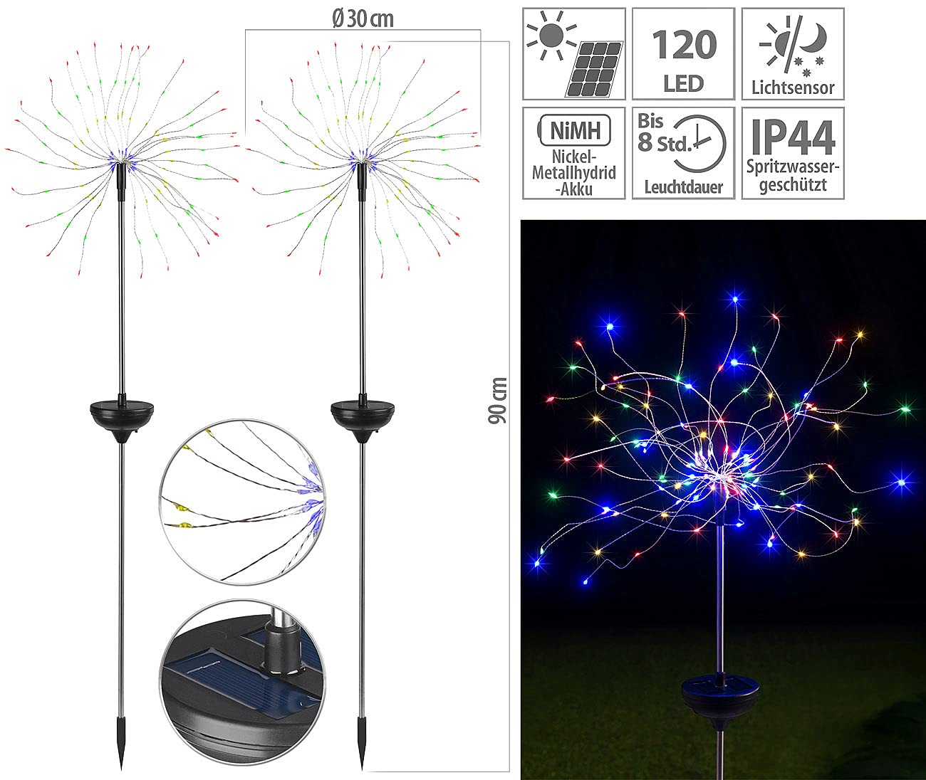 Lunartec Außenbeleuchtung Solar Feuerwerk Lichtdeko bunt 2er-Set 120 LEDs