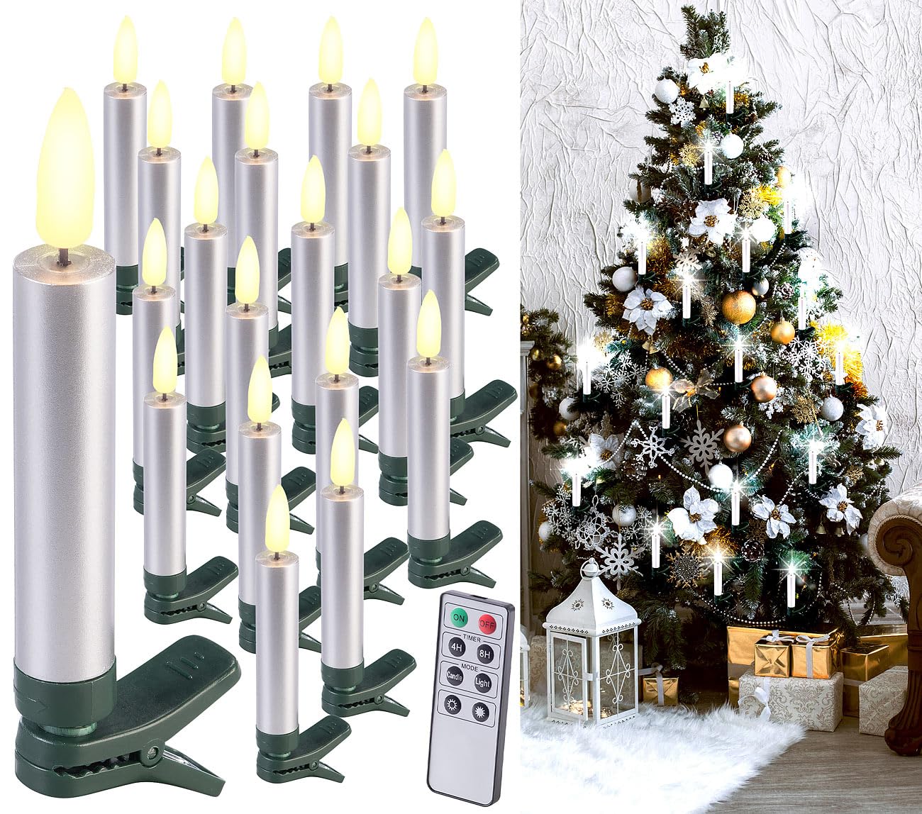 Lunartec Licht-Dekoration Christbaumkerzen LED Silber 20er-Set