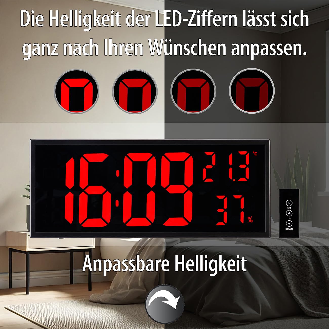 Lunartec LED-Uhren Digitale Wanduhr Jumbo 12 cm rot mit Thermometer