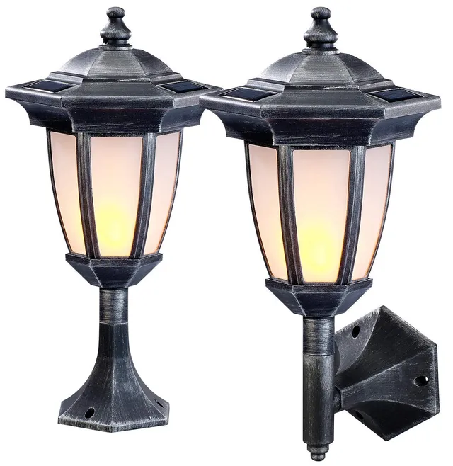Lunartec Außenbeleuchtung Solar-Wandlaterne 2er-Set Flammeneffekt
