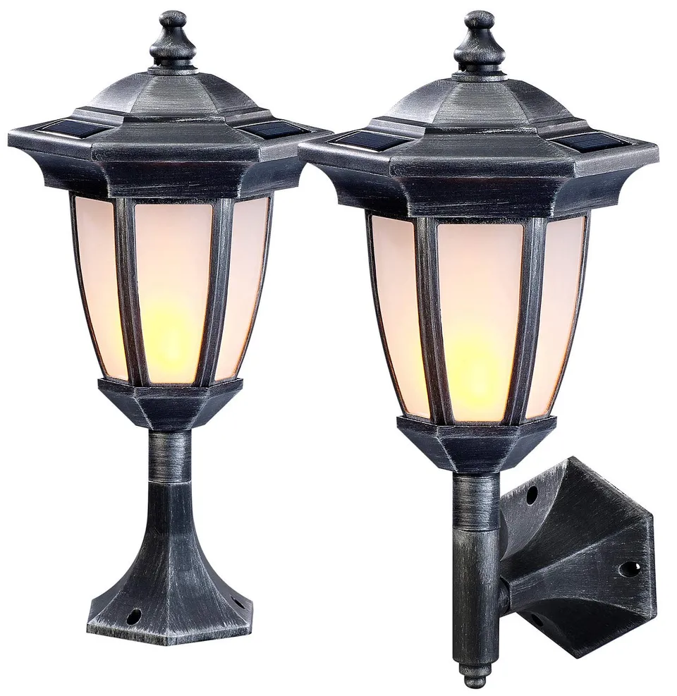 Lunartec Außenbeleuchtung Solar-Wandlaterne 2er-Set Flammeneffekt