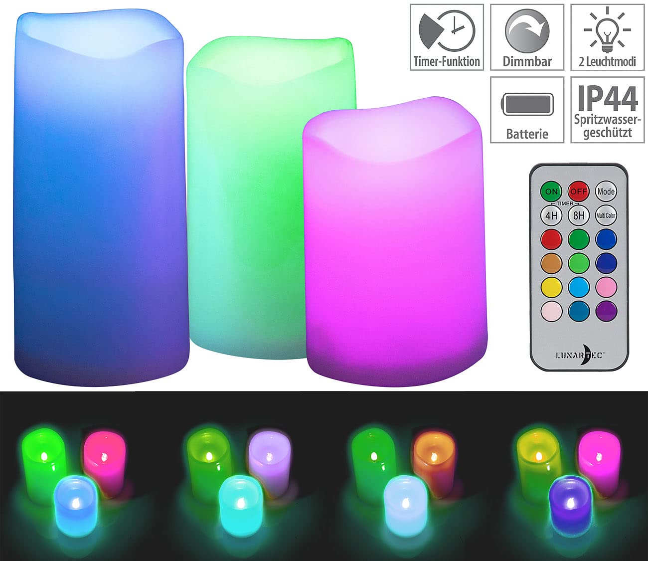 Lunartec Licht-Dekoration LED-Kerzen 3er-Set RGB IP44