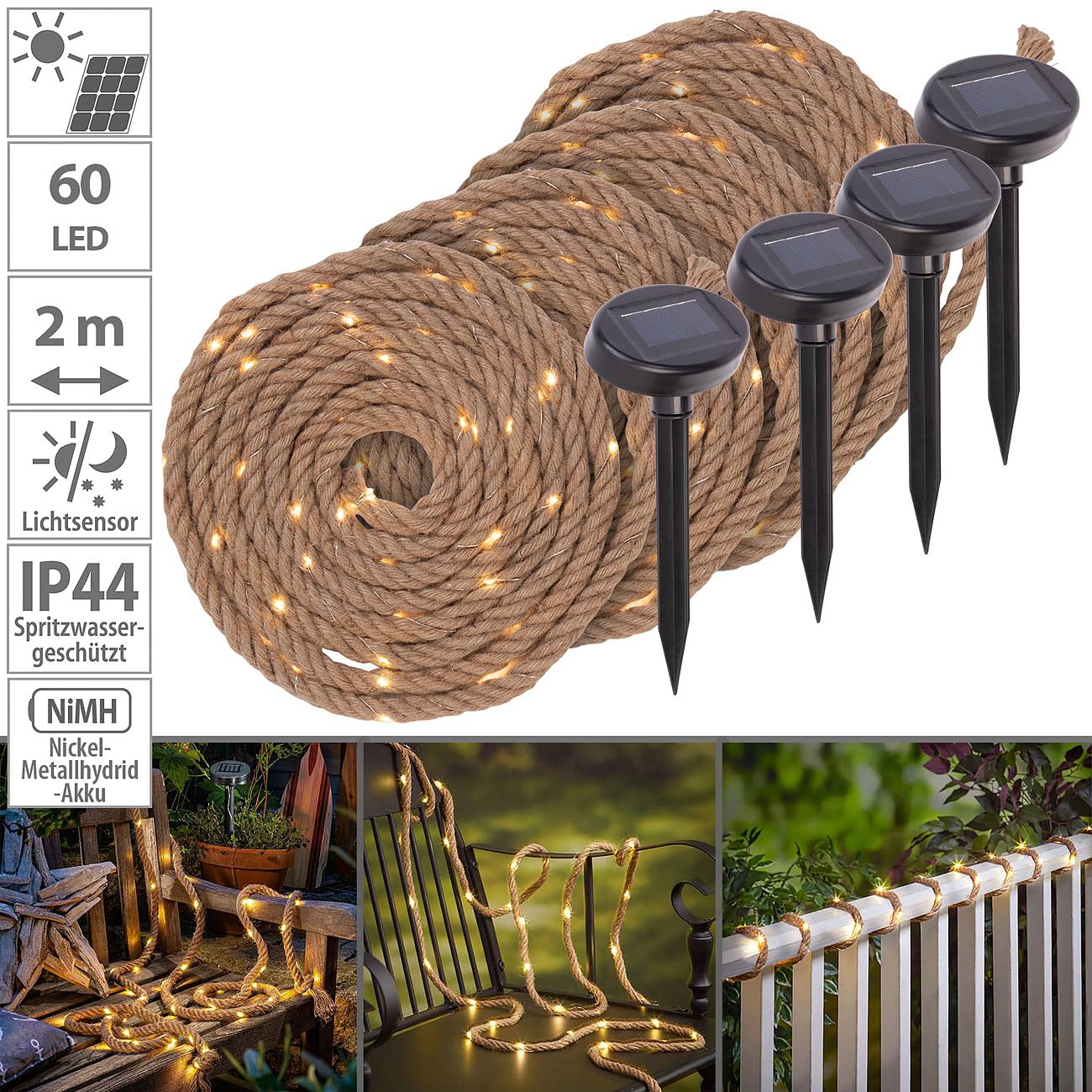 Lunartec Licht-Dekoration Solar-Seil-Lichterkette 4er-Set 2m