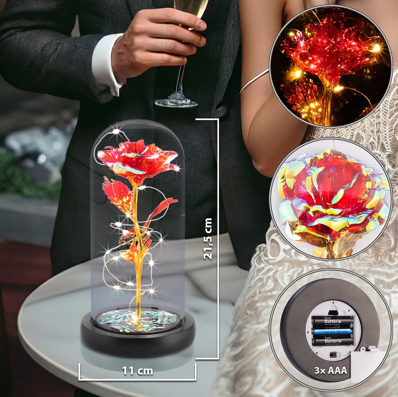 Lunartec Licht-Dekoration Rose unter Glas LED kristallrot 21,5 cm