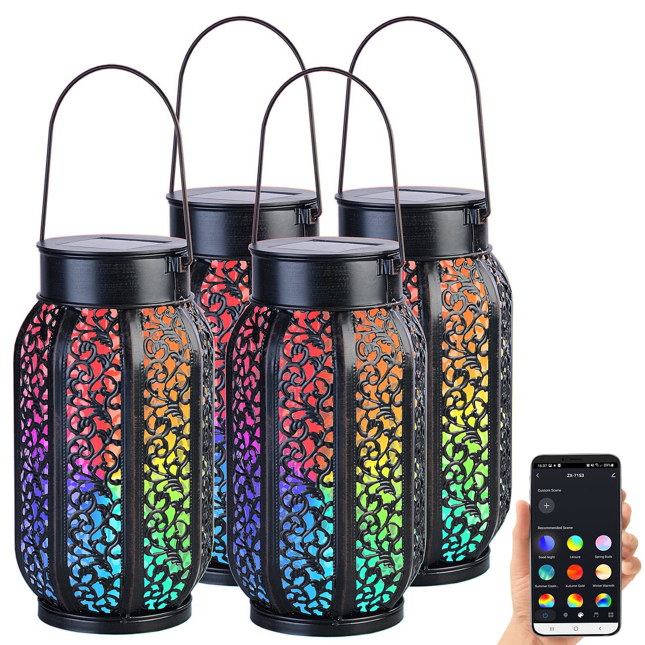 Lunartec Außenbeleuchtung Solar-Laterne RGB-CCT 4er-Set App