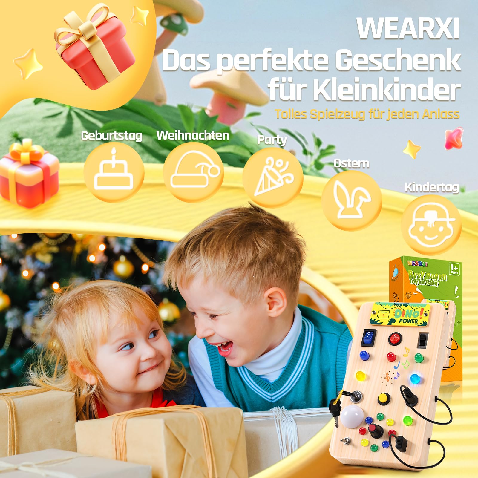 WEARXI Busy Board Holzoptik LED Dinosaurier Sound
