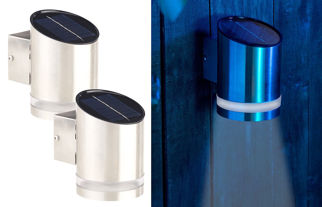 Lunartec Außenbeleuchtung Solar-Wandleuchte Edelstahl 2er-Set IP44