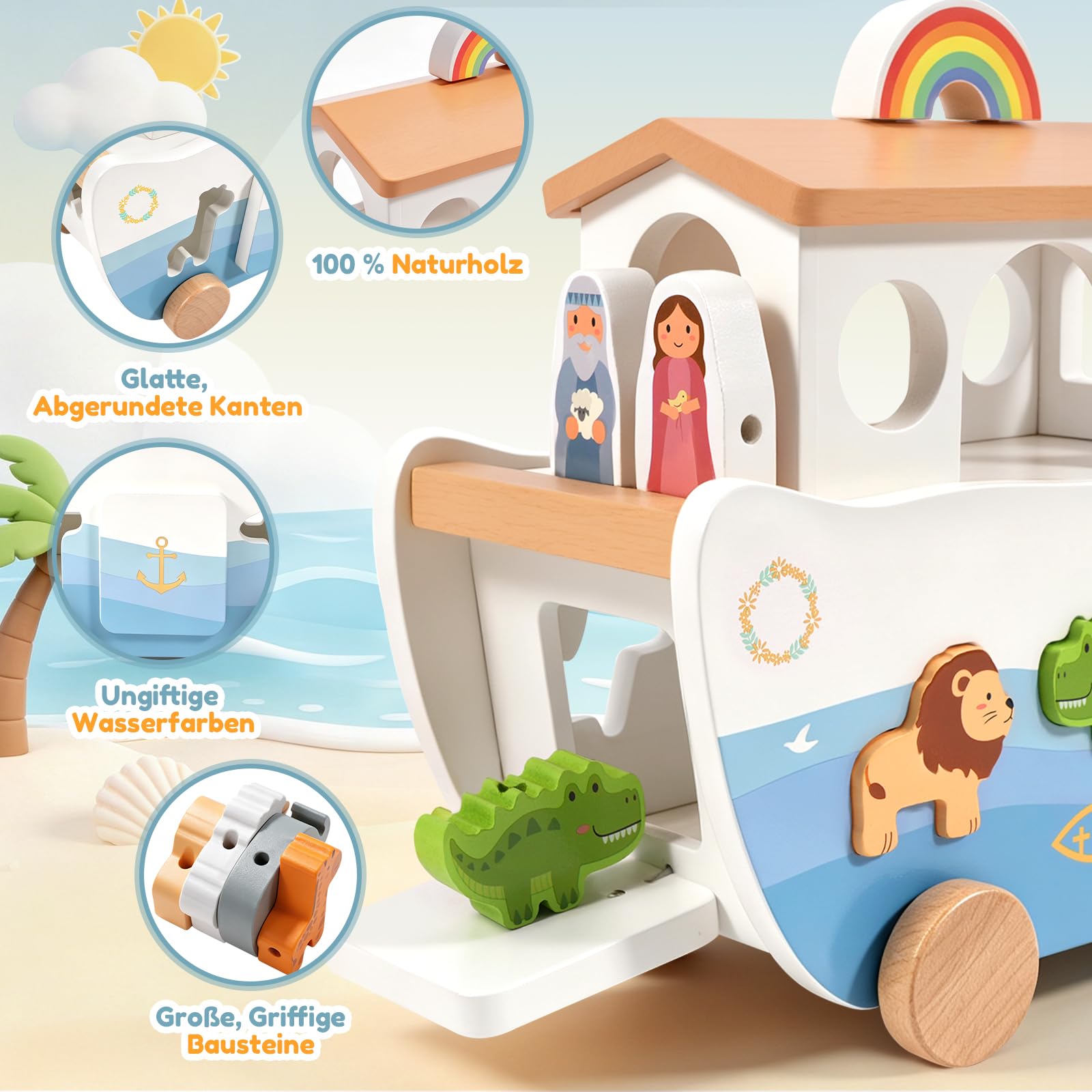 WEARXI Arche Noah Holz Spielzeug ab 1 Jahr Taufgeschenk Set
