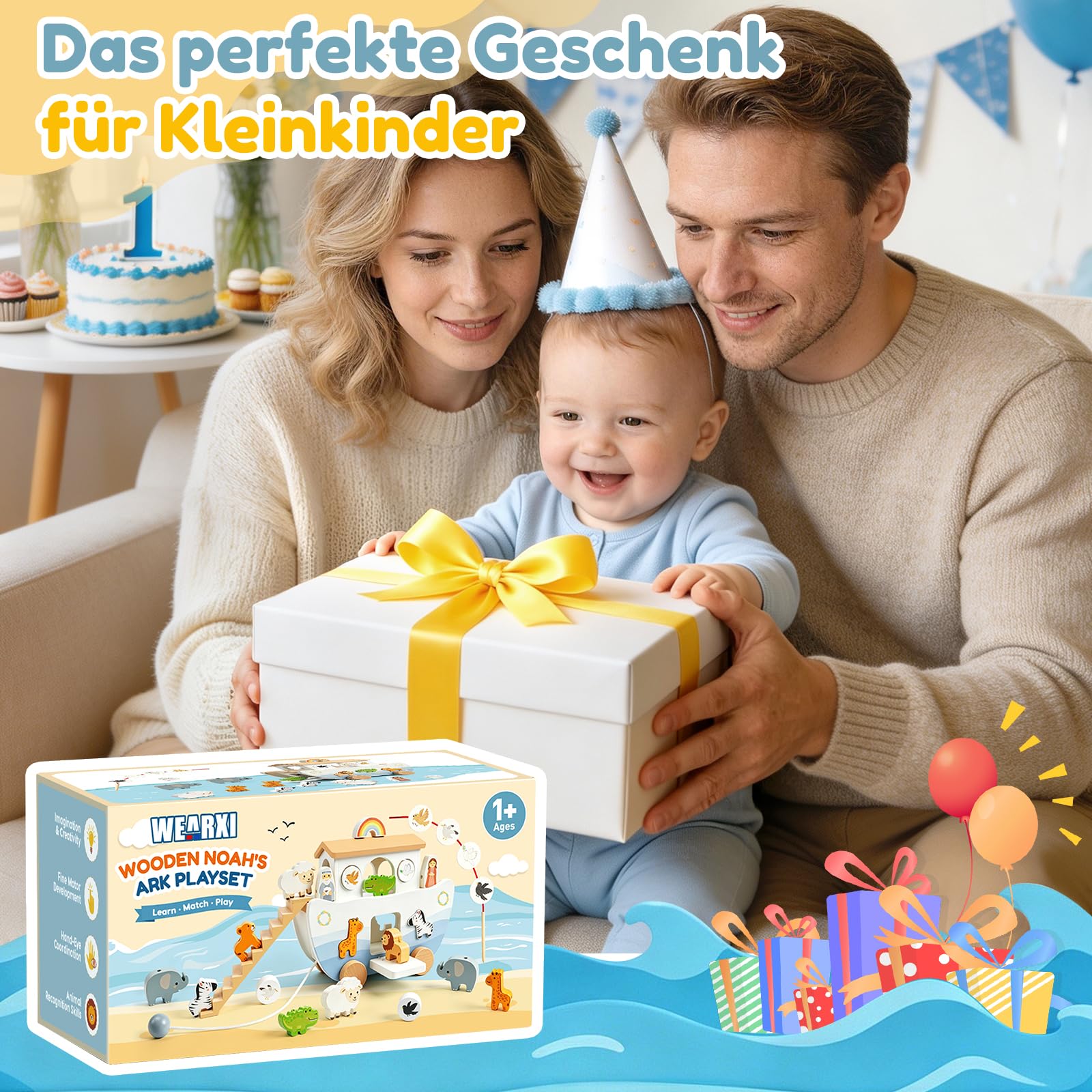 WEARXI Arche Noah Holz Spielzeug ab 1 Jahr Taufgeschenk Set