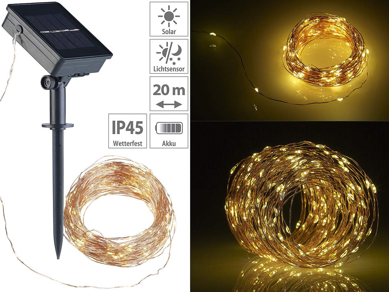 Lunartec Licht-Dekoration Solar-Lichterkette Kupfer 20m 200 LED 2er