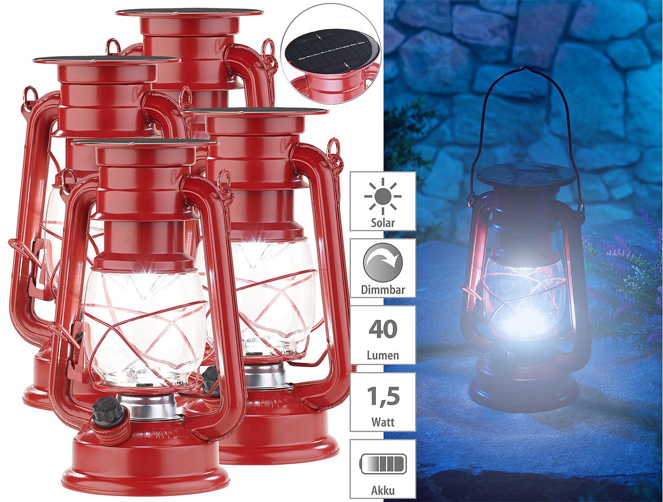 Lunartec Außenbeleuchtung Solar-Sturmlampen 4er-Set rot 23cm LEDs