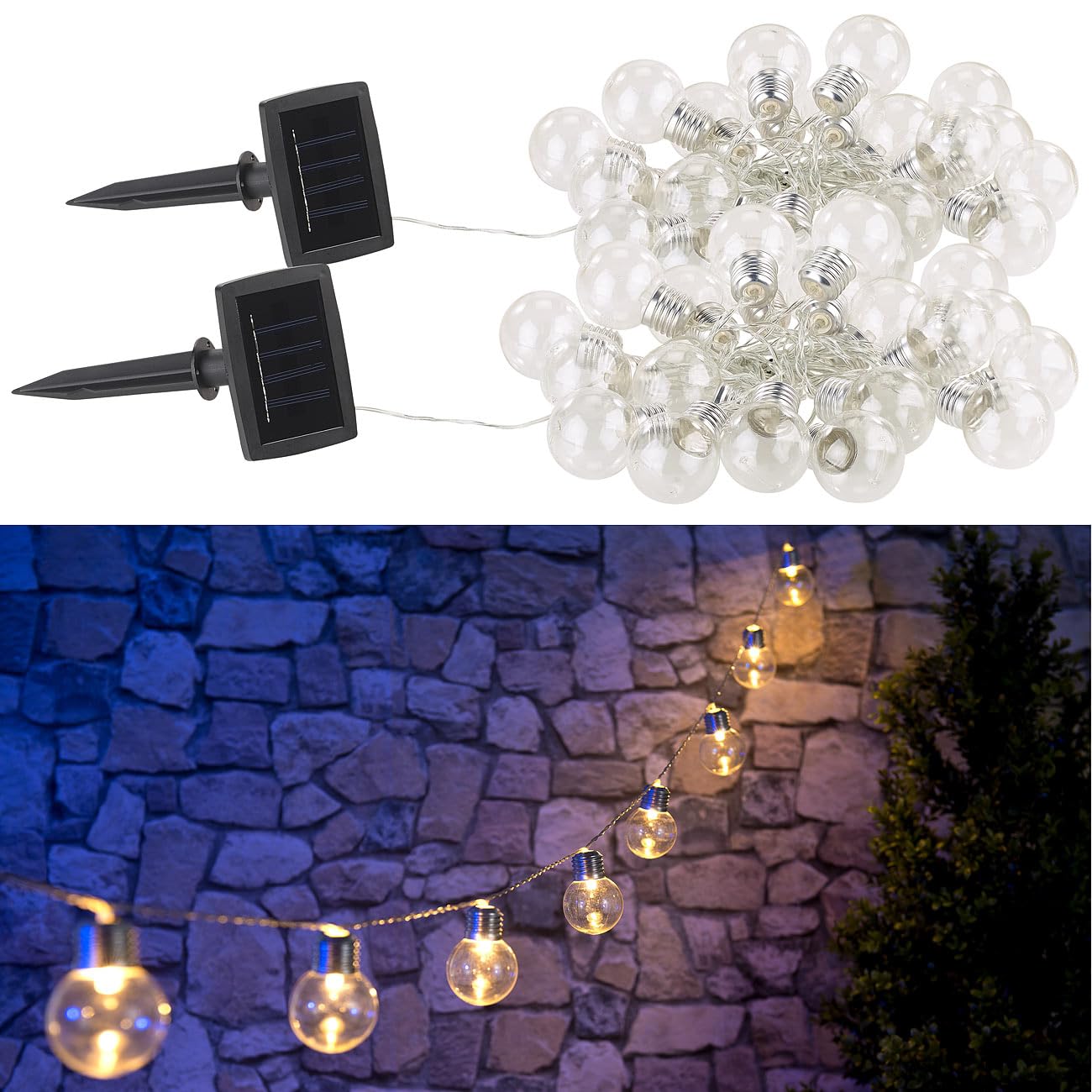Lunartec Licht-Dekoration 2er Solar-Lichterkette Glühbirne warmweiß