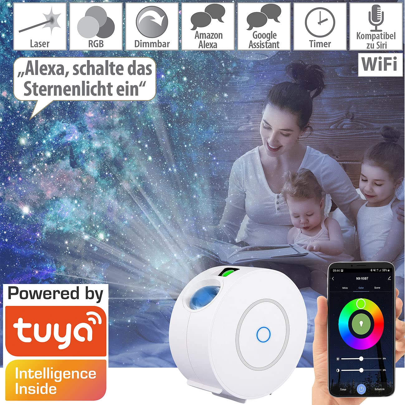 Lunartec Licht-Dekoration Sternprojektor RGB mit App Timer