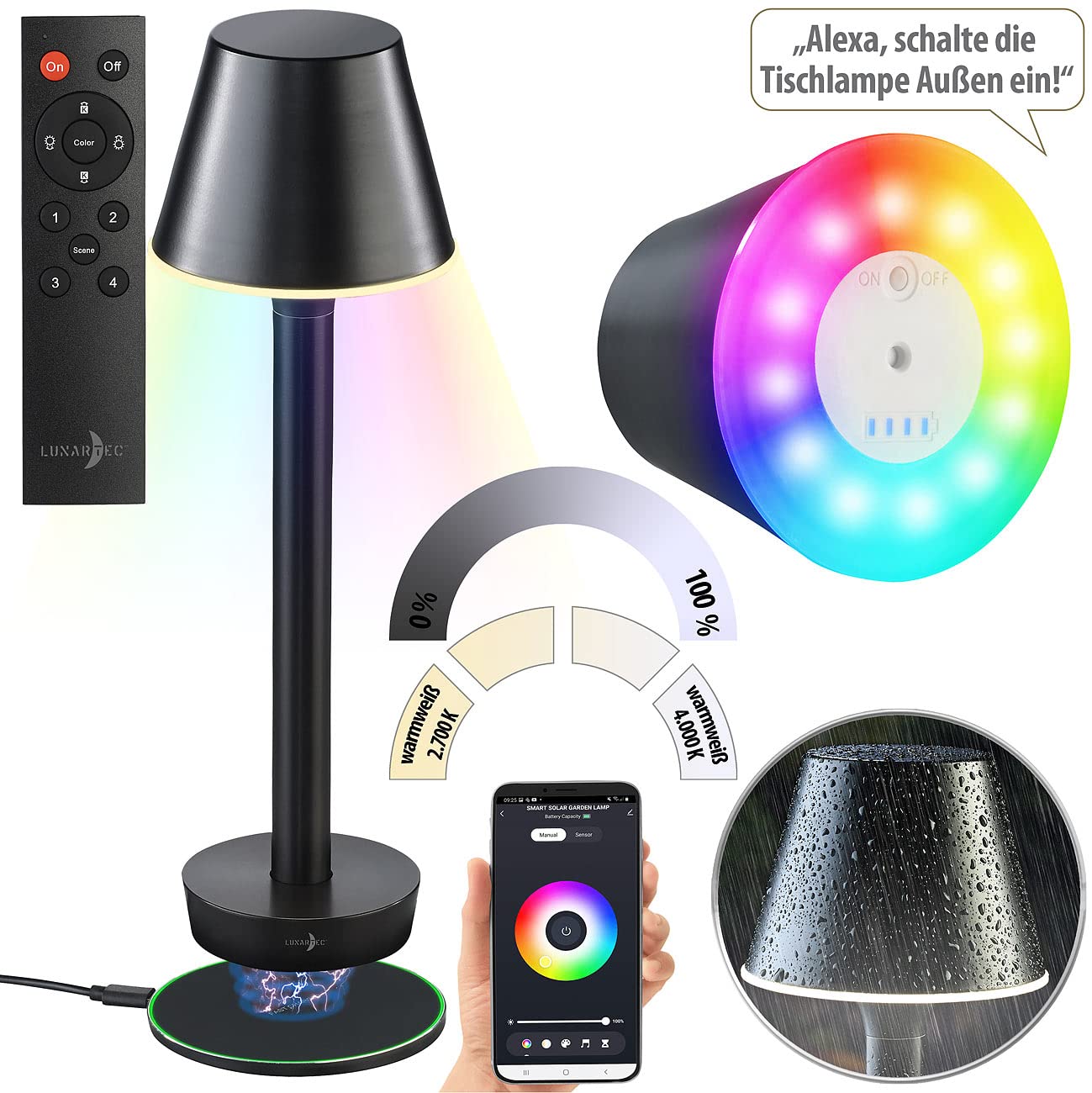 Lunartec OT-130 Outdoor-Tischlampe RGB Akku mit App IP67