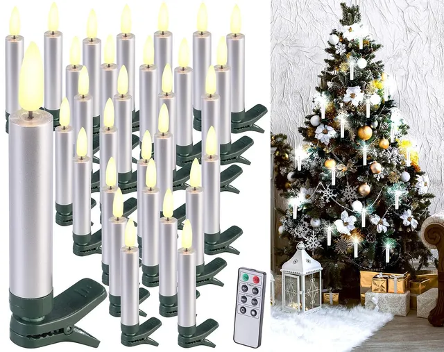 Lunartec Candles LED-Weihnachtsbaumkerzen 30er-Set silber