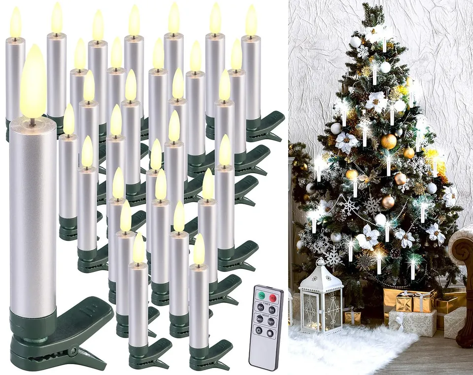 Lunartec Candles LED-Weihnachtsbaumkerzen 30er-Set silber