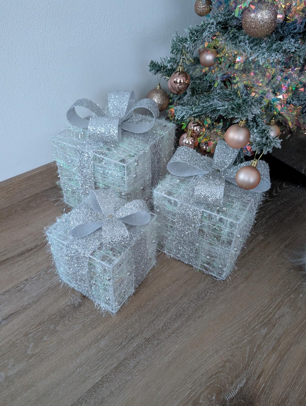 elktry LED Geschenkbox 3er Set silber mit Timer 140 LEDs