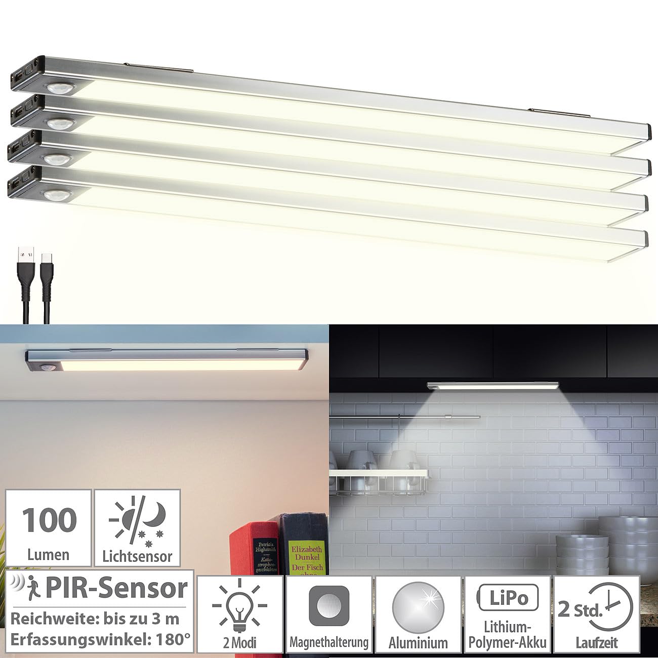 Lunartec Innenbeleuchtung LED-Lichtleiste 4er-Set warmweiß 33cm