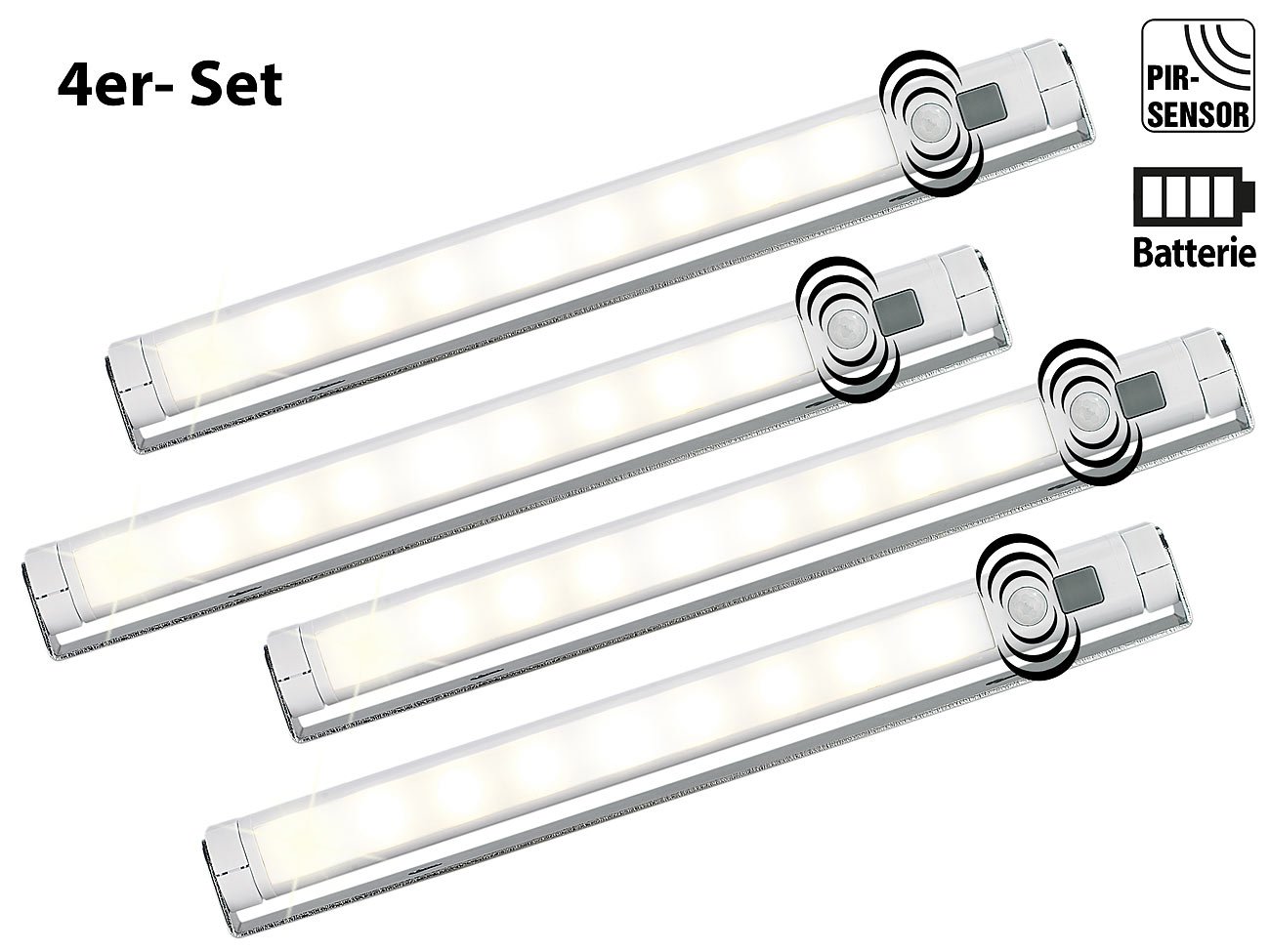 Lunartec Lichtleiste Batterie 4er-Set warmweiß PIR-Sensor