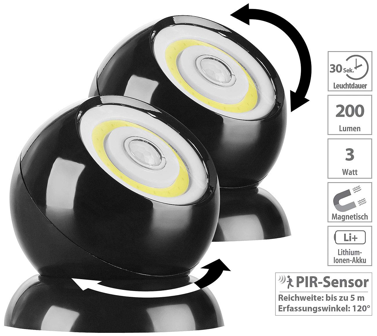 Lunartec Innenbeleuchtung COB Strahler Akku 200 lm 2er-Set schwarz