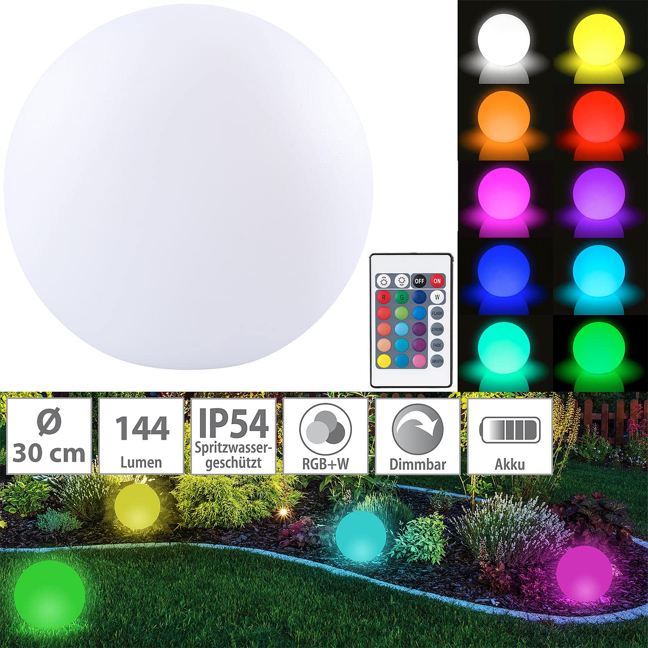Lunartec Licht-Dekoration Akku-Leuchtkugel 30 cm RGBW IP54