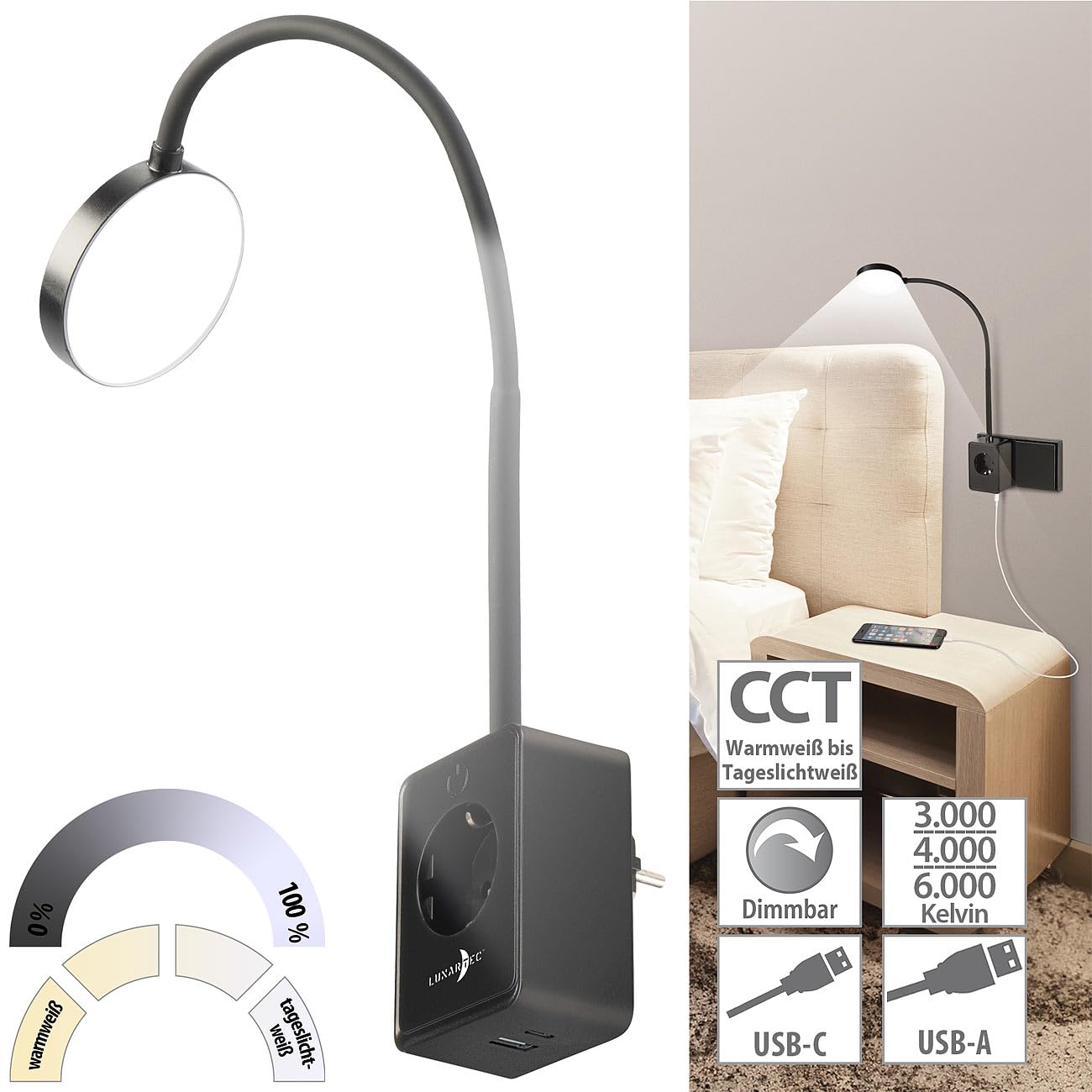 Lunartec Innenbeleuchtung Steckerleuchte LED dimmbar schwarz mit USB