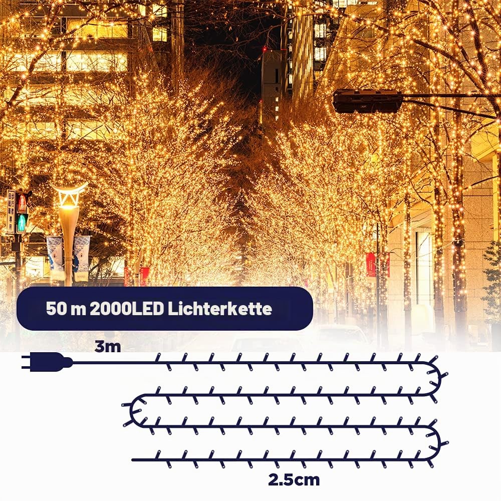 elktry Lichterkette 50m 2000 LED warmweiß mit Memory IP44