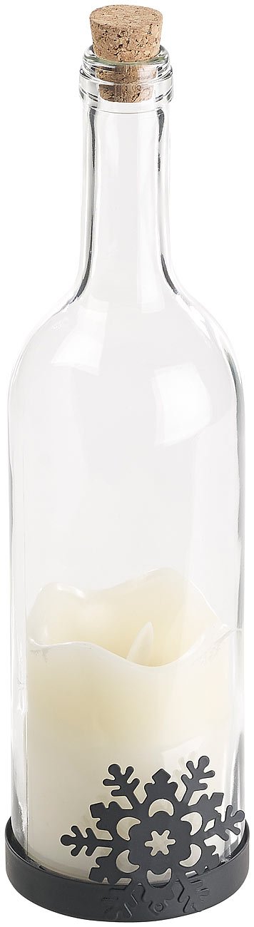 Lunartec Licht-Dekoration Deko-Glasflasche LED-Kerze Schneeflocke
