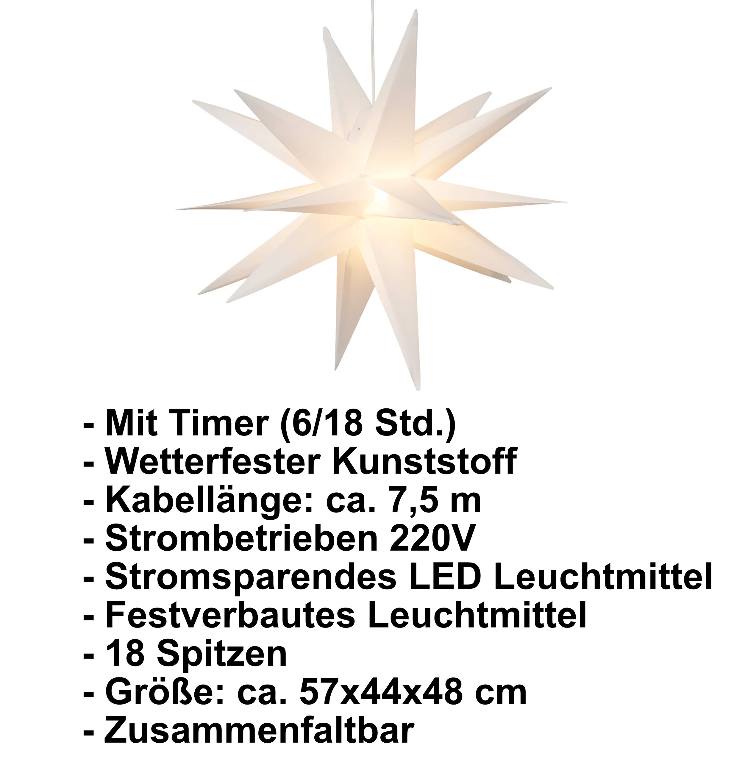 Bonetti 3D Leuchtstern 57cm weiß mit Netzstecker warmweiß