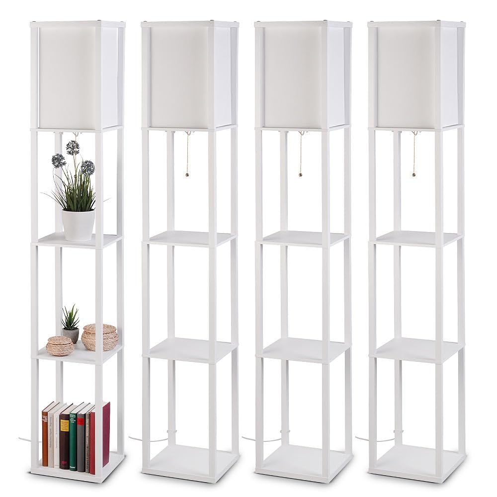 Lunartec Stehlampe Holz mit Regal weiß E27 4er-Set Stehleuchte