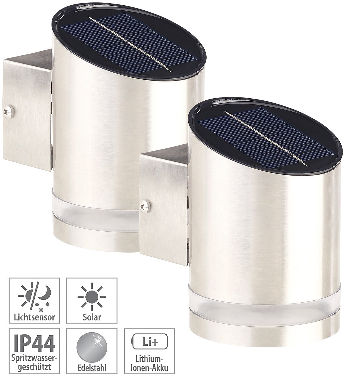 Lunartec Außenbeleuchtung Solar-Wandleuchte Edelstahl 2er-Set IP44
