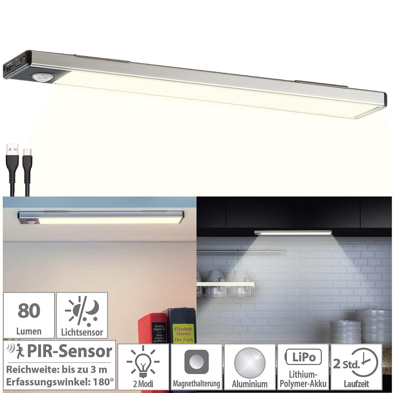 Lunartec Innenbeleuchtung Akku-Lichtleiste 23cm warmweiß Sensor