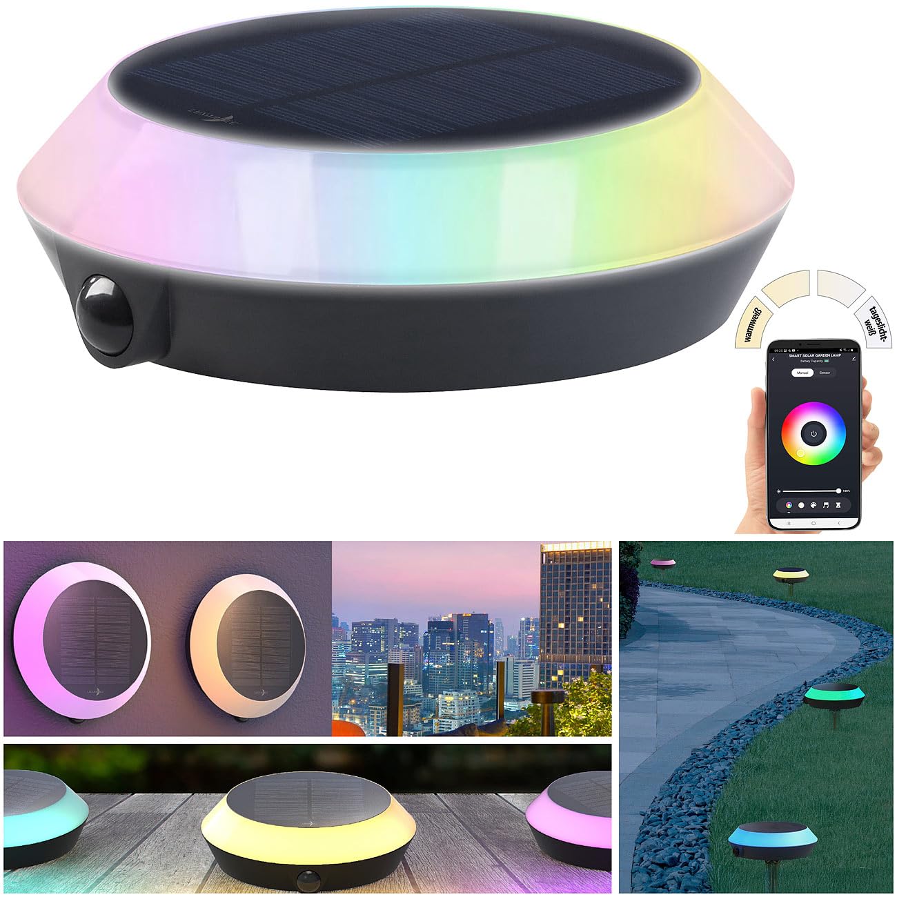 Lunartec Außenbeleuchtung Solarleuchte RGB-CCT mit Bewegungsmelder