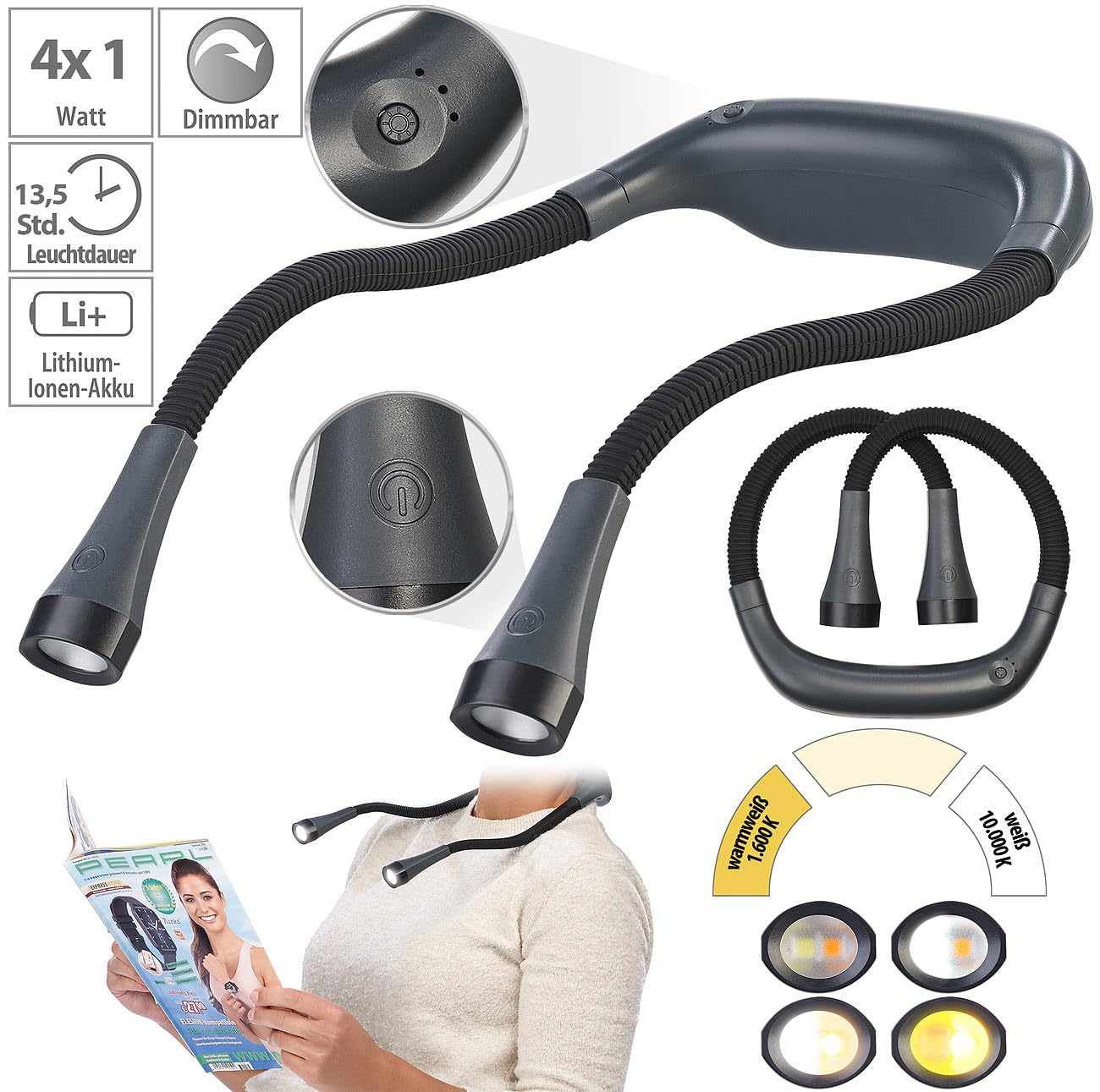 Lunartec Taschenlampen LED-Nackenlampe 4W dimmbar USB-C