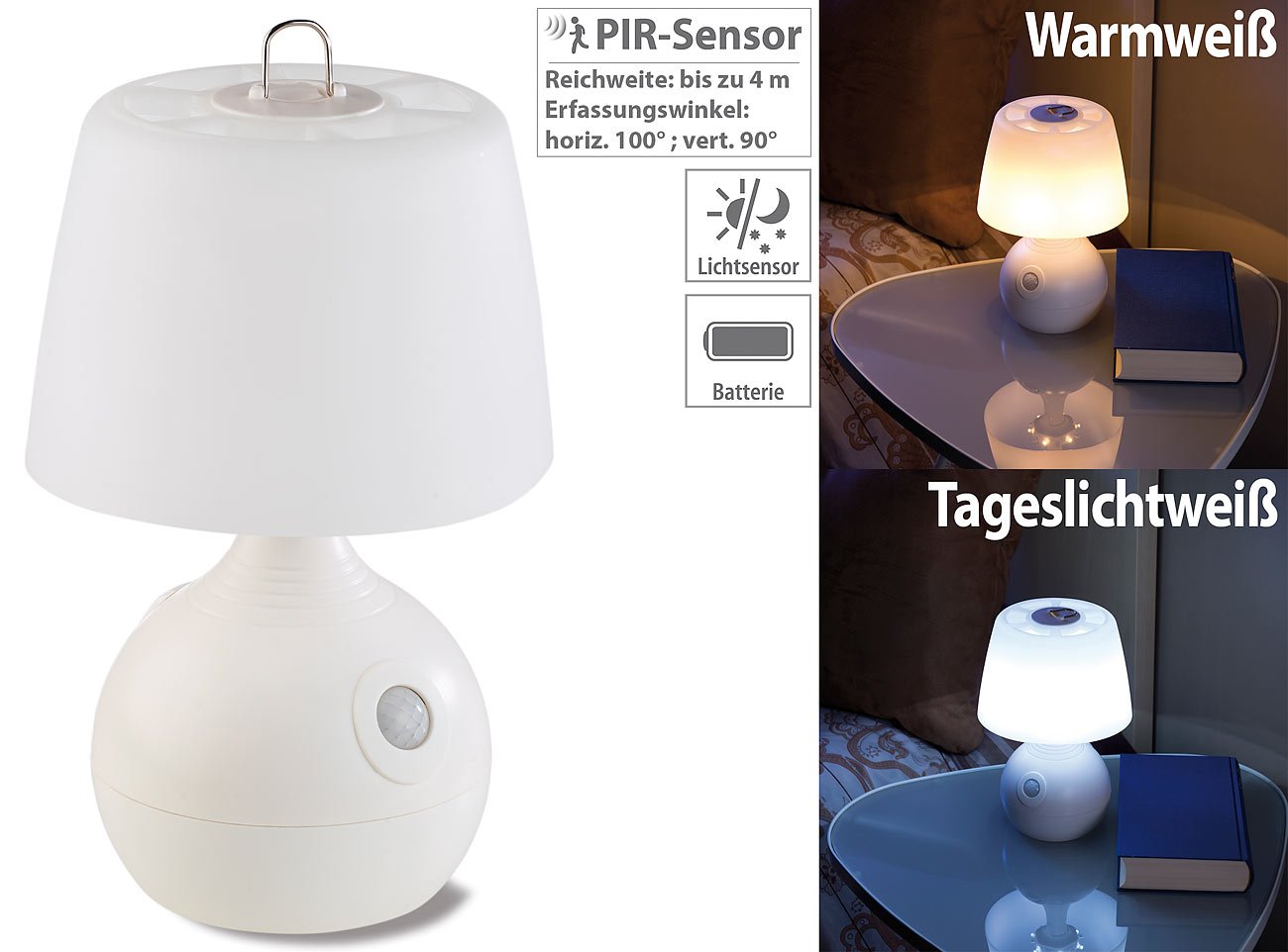 Lunartec Innenbeleuchtung LED-Tischlampe PIR-Sensor 2er-Set