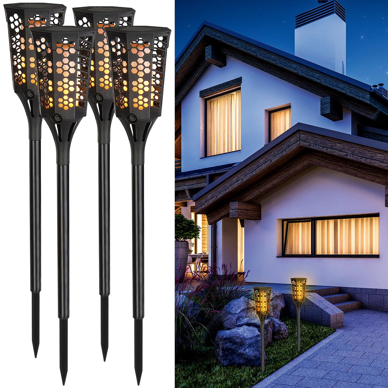 Lunartec Außenbeleuchtung LED-Solar-Gartenfackeln 4er-Set 78cm
